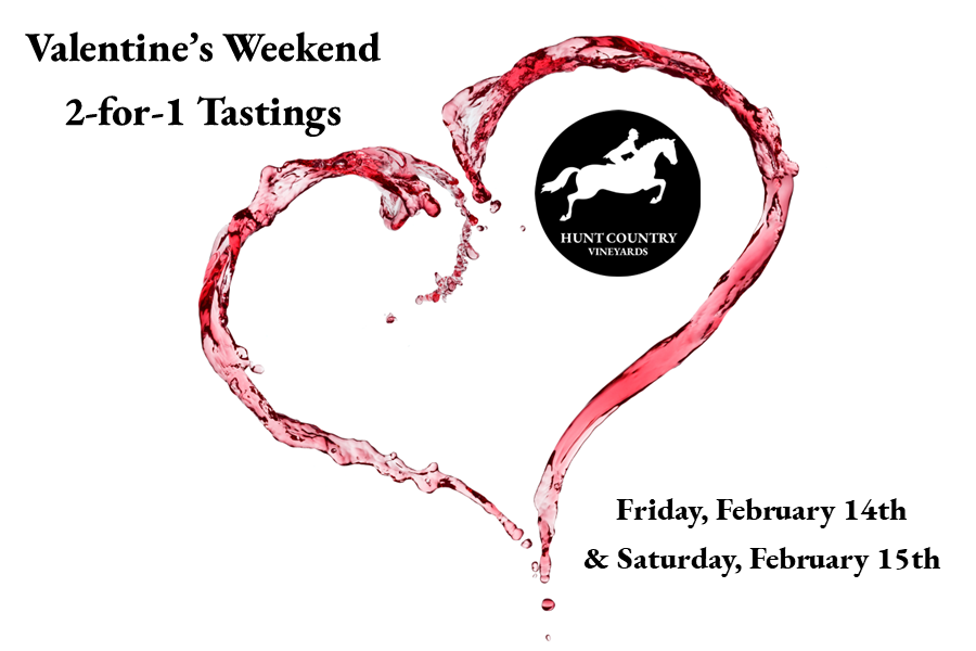 Red wine splashed into a heart for Hunt Country's Valentines 2-for-1 tastings